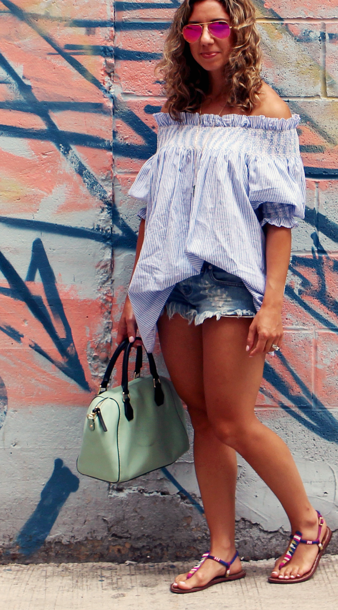 Distressed Denim and Blue OTS Tunic | Glass of Glam
