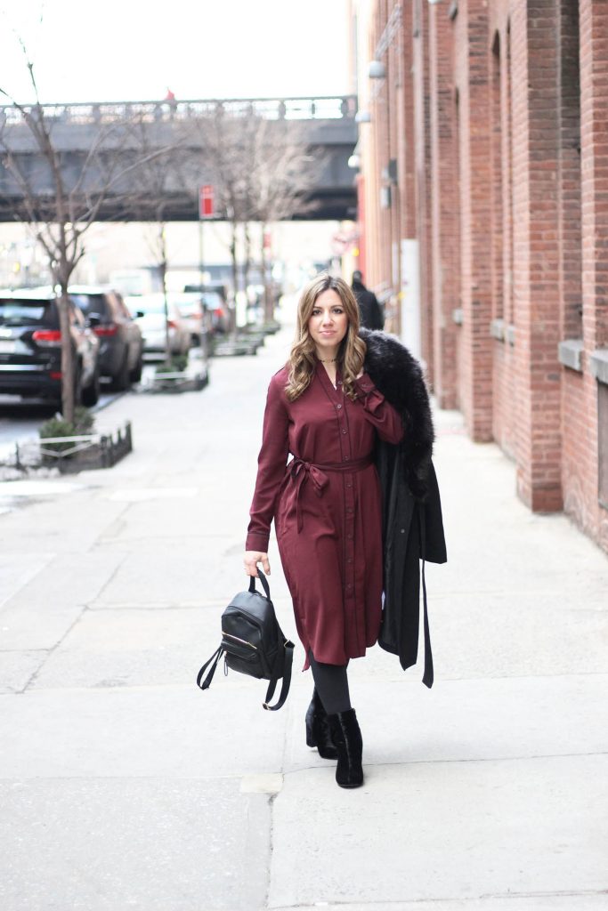 Lifestyle Blogger Roxane Birnbaum of Glass of Glam wearing a Who What Wear for Target Pajama Style Dress, Boohoo faux fur coat, and Justfab Booties and co-hosting Project Sister Act