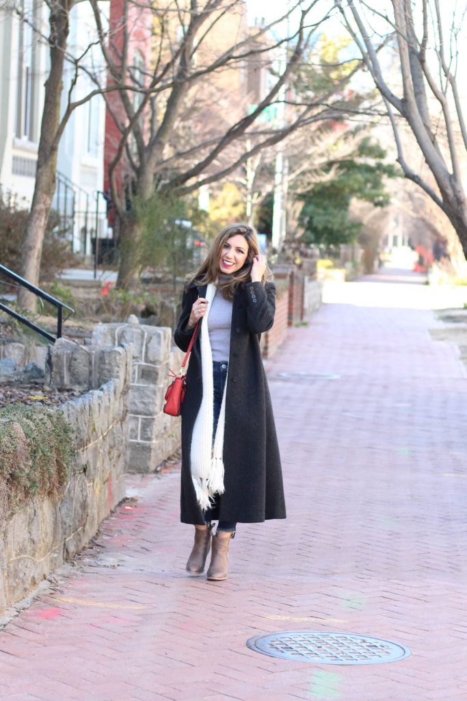 Lifestyle blogger Roxanne Birnbaum of Glass of Glam in a long thrifted coat, express denim and justfab bag, and hosting the On Monday's We Link-Up linking party