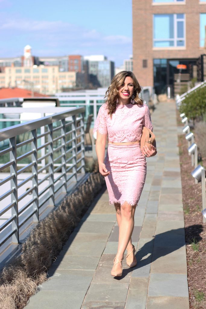 Lifestyle Blogger Roxanne Birnbaum of Glass of Glam in a Fancy Pink Lace Shein Dress, Gucci Soho Disco Bag, Baublebar earrings, and Christain Louboutin heels