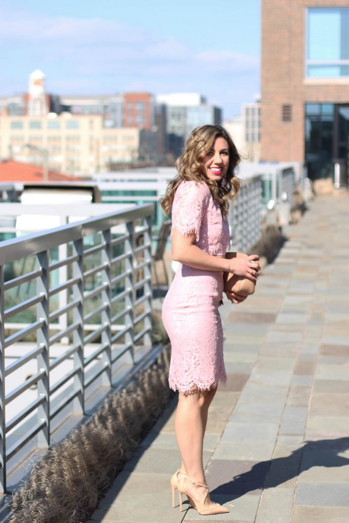 Lifestyle Blogger Roxanne Birnbaum of Glass of Glam in a Fancy Pink Lace Shein Dress, Gucci Soho Disco Bag, Baublebar earrings, and Christain Louboutin heels