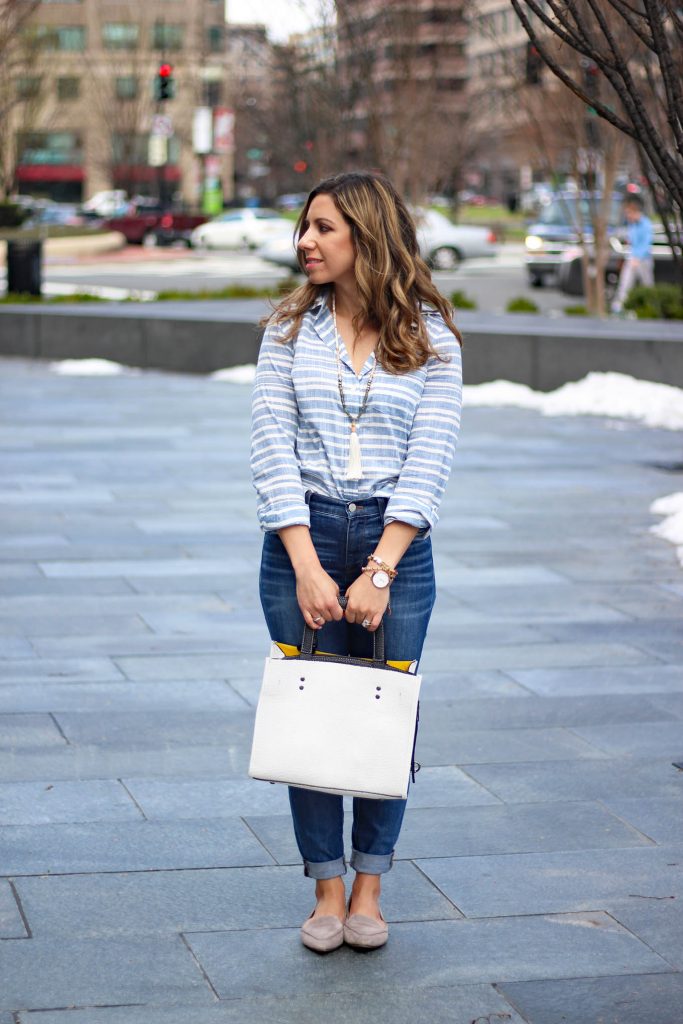Lifestyle Blogger Roxanne of Glass of Glam wearing a J.Crew top, Stella and Dot tassel necklace, Madewell denim, and a Rosegal handbag