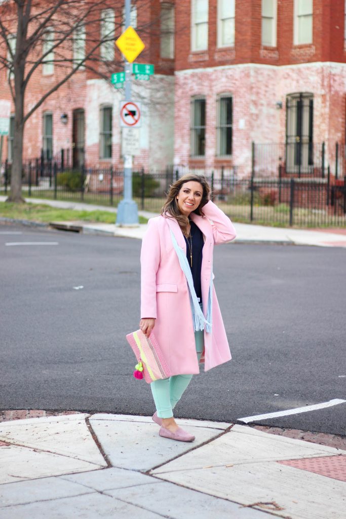 Lifestyle Blogger Roxanne of Glass of Glam wearing a pink Amazon Fashion coat, Stella and Dot necklace, Old Navy denim, Justfab Clutch, and a Jcrew Sweater, talking about ways to be happy today