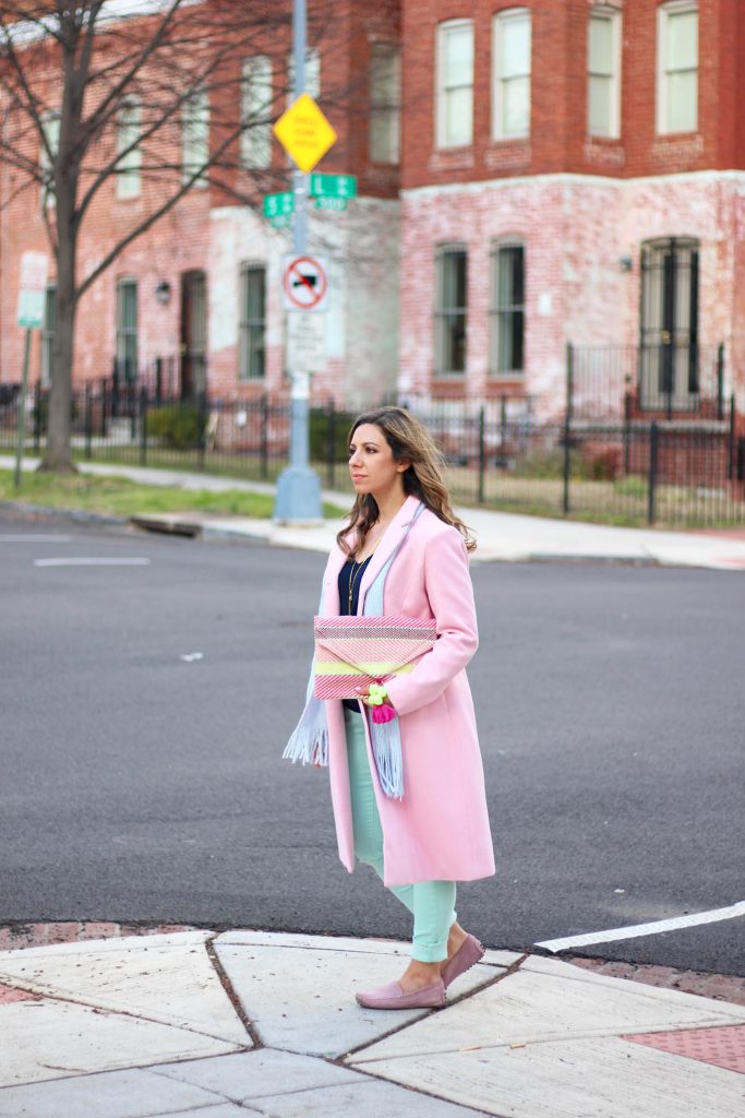 Lifestyle Blogger Roxanne of Glass of Glam wearing a pink Amazon Fashion coat, Stella and Dot necklace, Old Navy denim, Justfab Clutch, and a Jcrew Sweater, talking about ways to be happy today