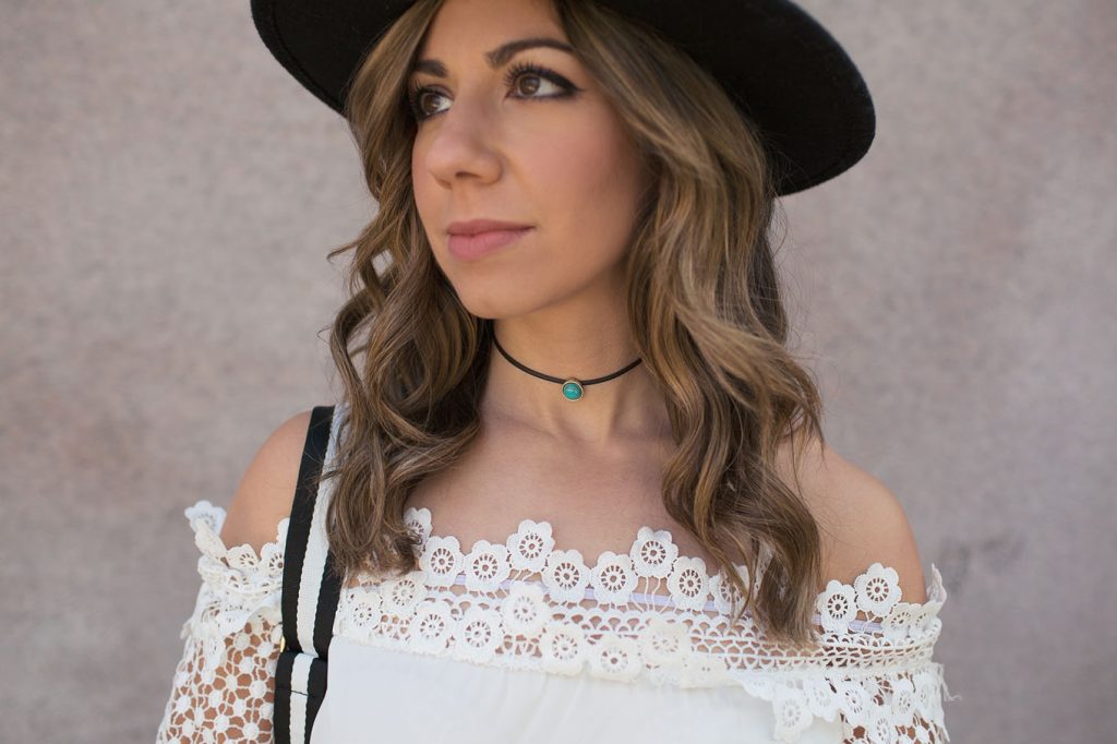Lifestyle Blogger Roxanne of Glass of Glam wearing a SheIn lace off the shoulder top, Express denim, Justfab Shoes, Zaful bag, and a feathered fedora