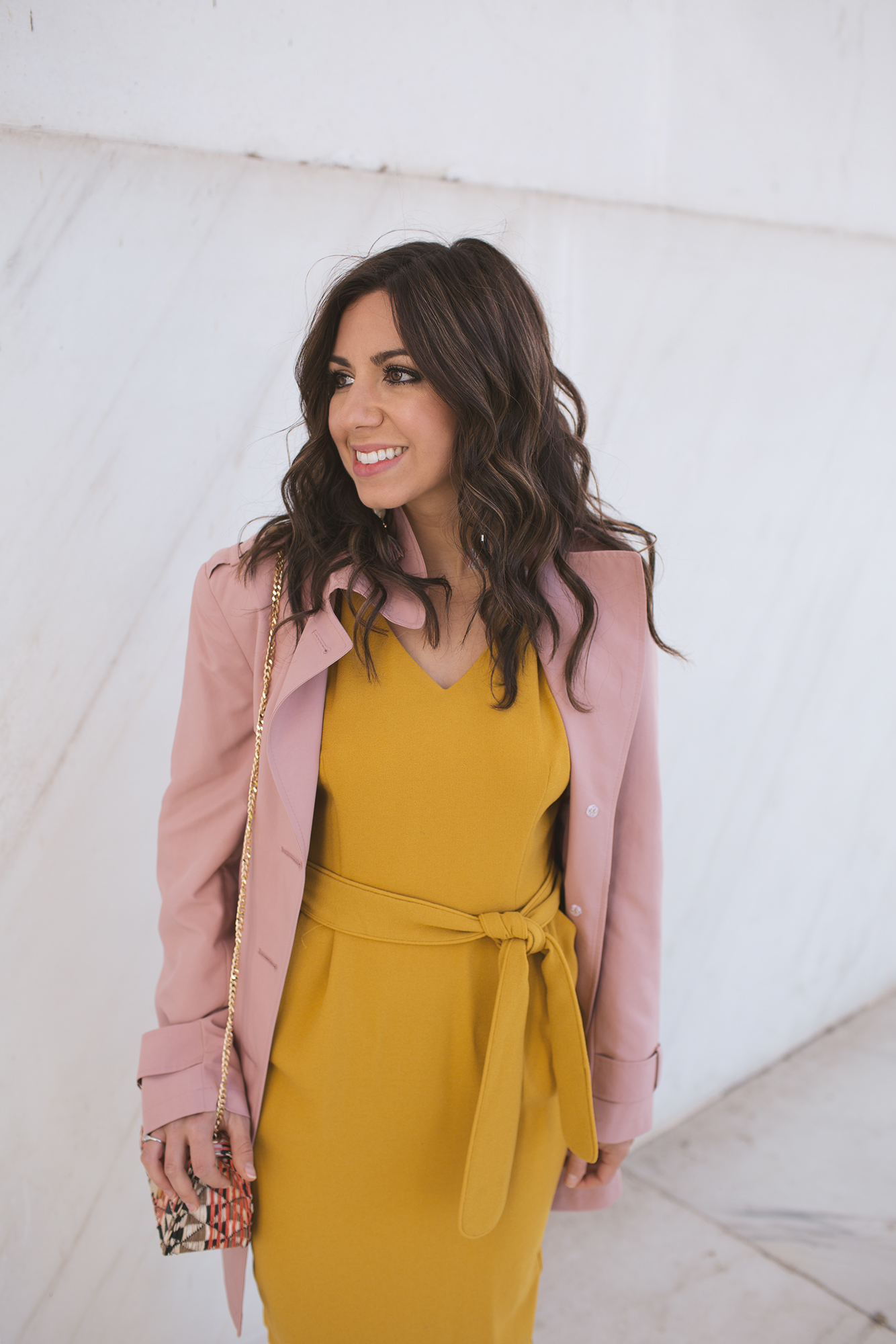 Style Blogger Roxanne of Glass of Glam in Marks & Spencer marigold dress