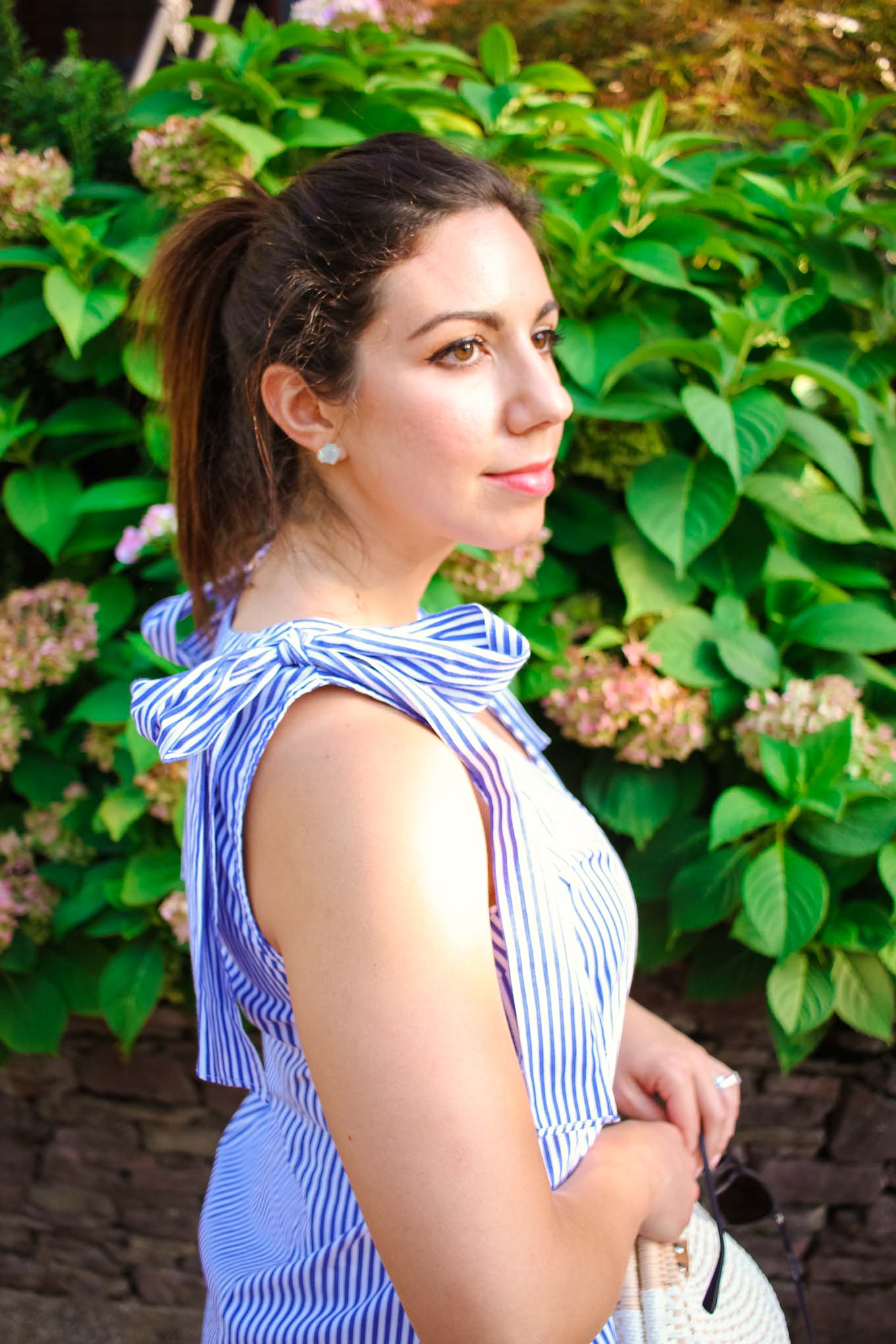 Lifestyleblogger Roxanne of Glass of Glam wearing a striped ASOS shoulder tie top