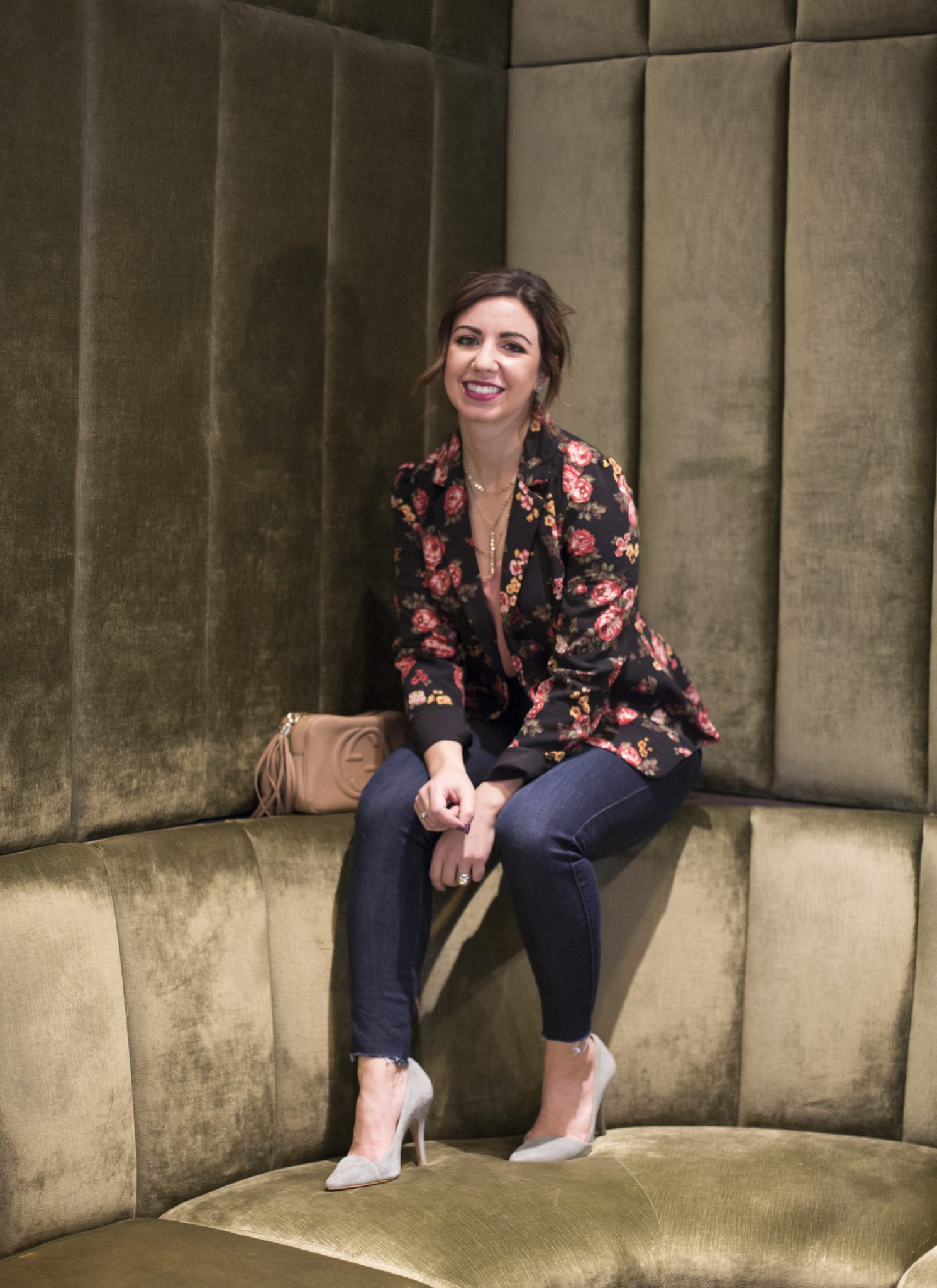Lifestyle blogger Roxanne of Glass of Glam wearing a Modcloth floral blazer, Mott + Bow denim, Madewell heels, a Gucci Soho Disco bag, and Baublebar necklace