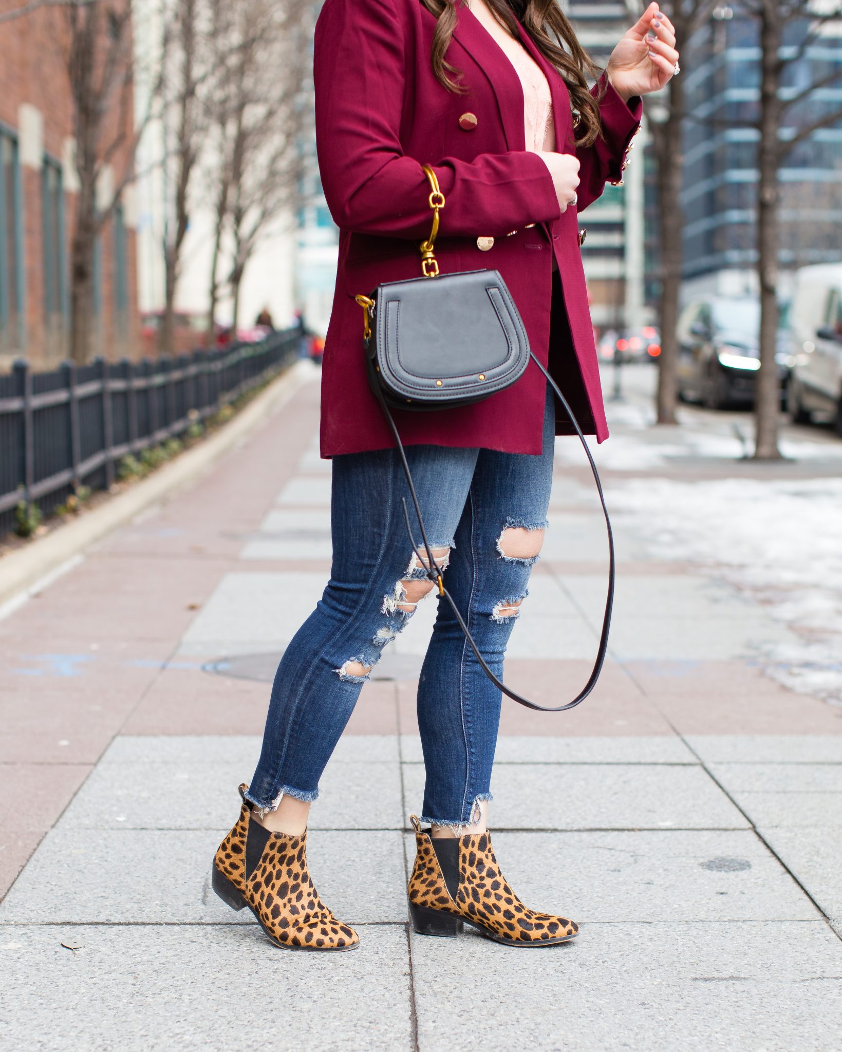 Lifestyle blogger Roxanne of Glass of Glam wearing a burgundy boyfriend blazer, Express denim, leopard booties, lace cami, and a Chloe Nile bag dupe - Nordstrom Burgundy Blazer  by popular Chicago fashion blogger Glass of Glam