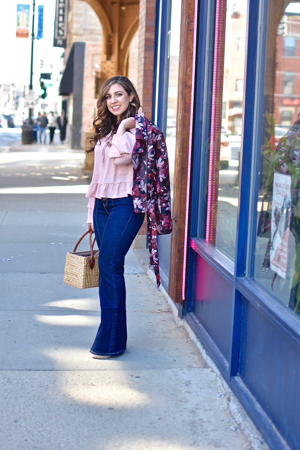 Lifestyle blogger Roxanne of Glass of glam wearing Modcloth flares, a Le Tote Jacket, Lulus blouse, and a straw bag - Le Tote Is Totes Amazing by popular Chicago style blogger Glass of Glam