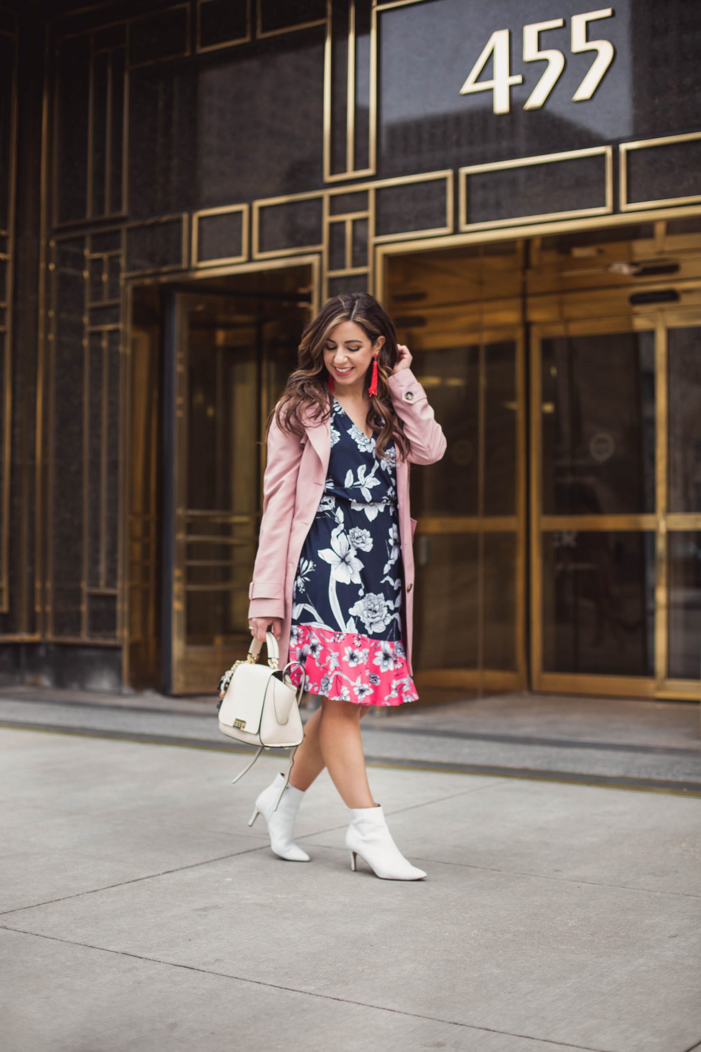 Lifestyle blogger Roxanne of Glass of Glam wearing an Eliza J dress, white booties, Zac Posen bag, and a pink trench coat - Spring Trench Coats styled by popular Chicago fashion blogger Glass of Glam