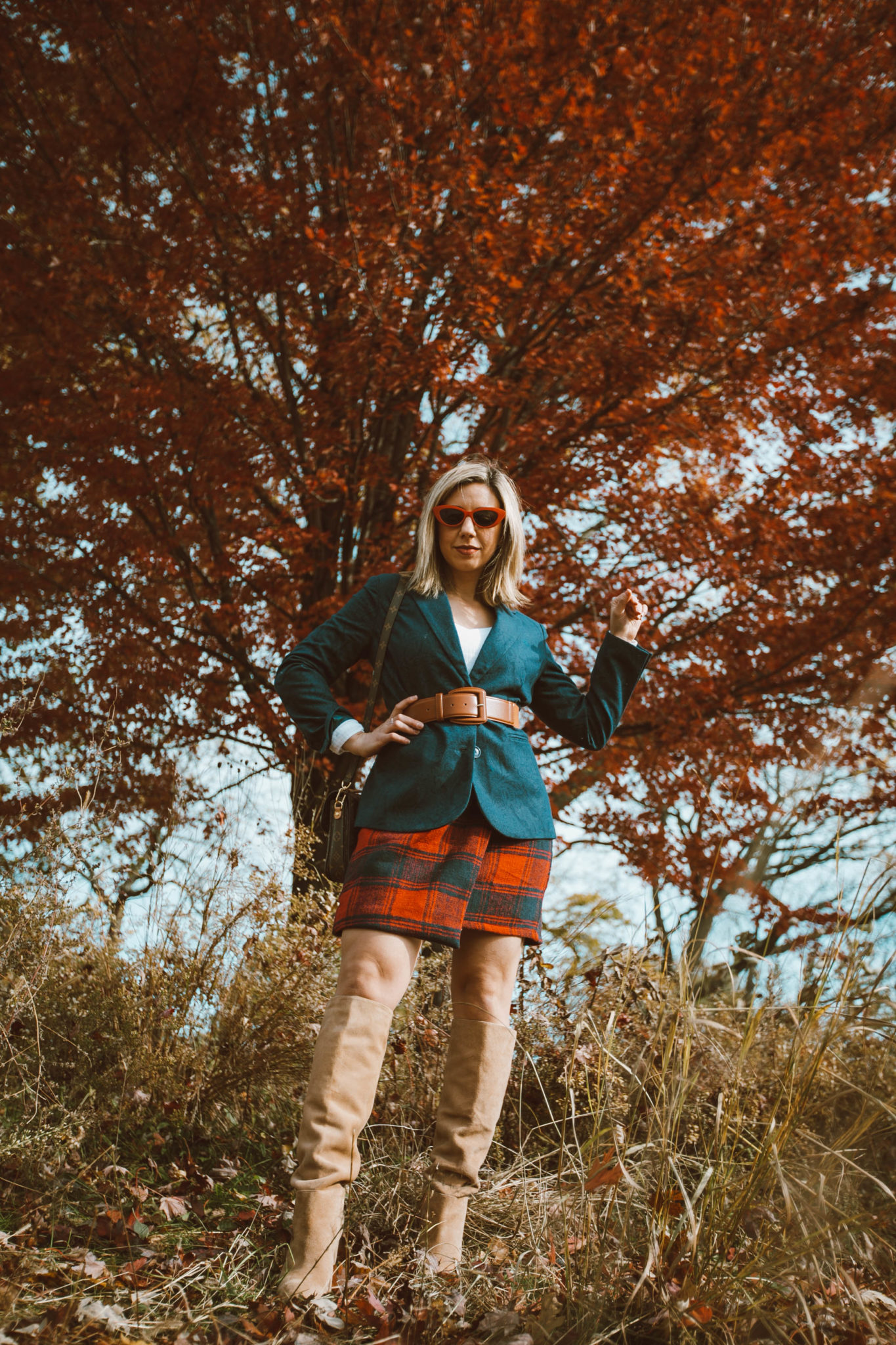 SheIn Winter Picks featured by top US fashion blog, Glass of Glam: image of a woman wearing a SheIn paid skirt, BP V Neck tee, Sam Edelman knee high boots, Halogen stretch belt, Chadwicks of Boston boyfriend blazer, Louis Vuitton bag and ASOS cat eye red sunglasses