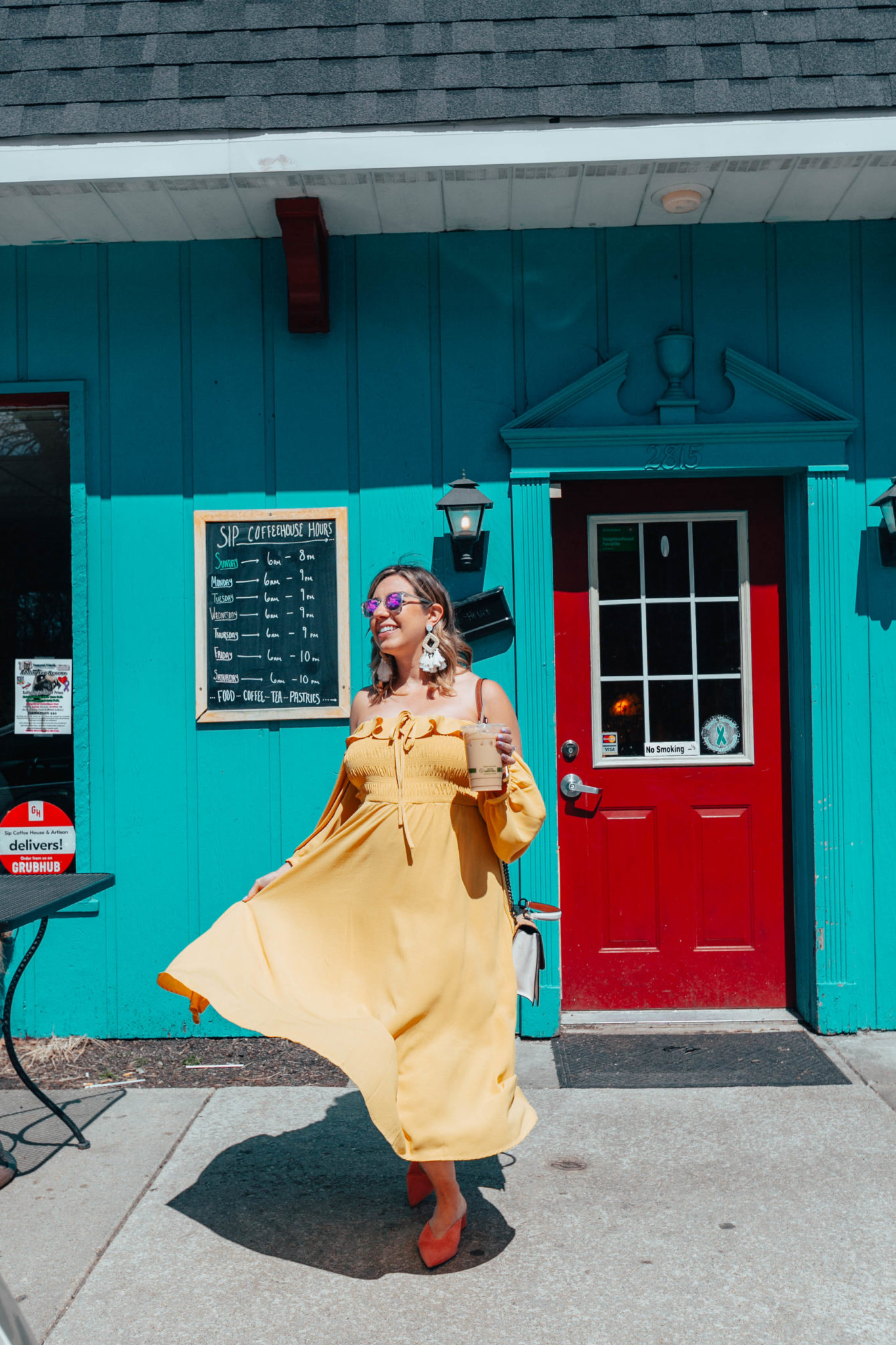 Spring colors look featured by top US fashion blog, Glass of Glam: image of a woman wearing a SheIn off the shoulder yellow dress, Sole Society orange mules, Warby Parker sunglasses, bohemian statement earrings, and a COACH shoulder bag 