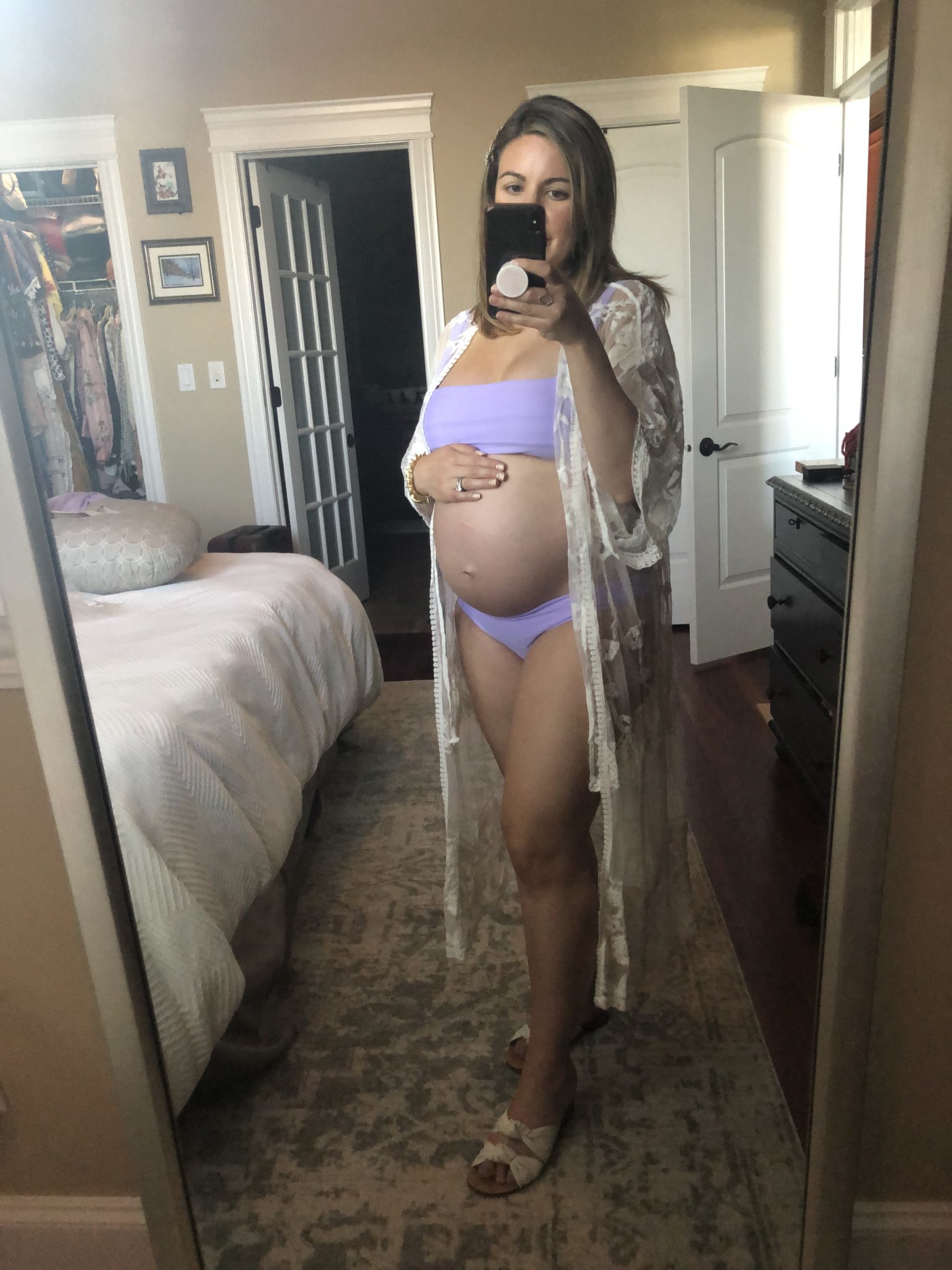 Summer maternity-friendly Shein clothing featured by top US fashion blog, Glass of Glam: image of a pregnant woman wearing a SheIn bikini and SheIn kimono