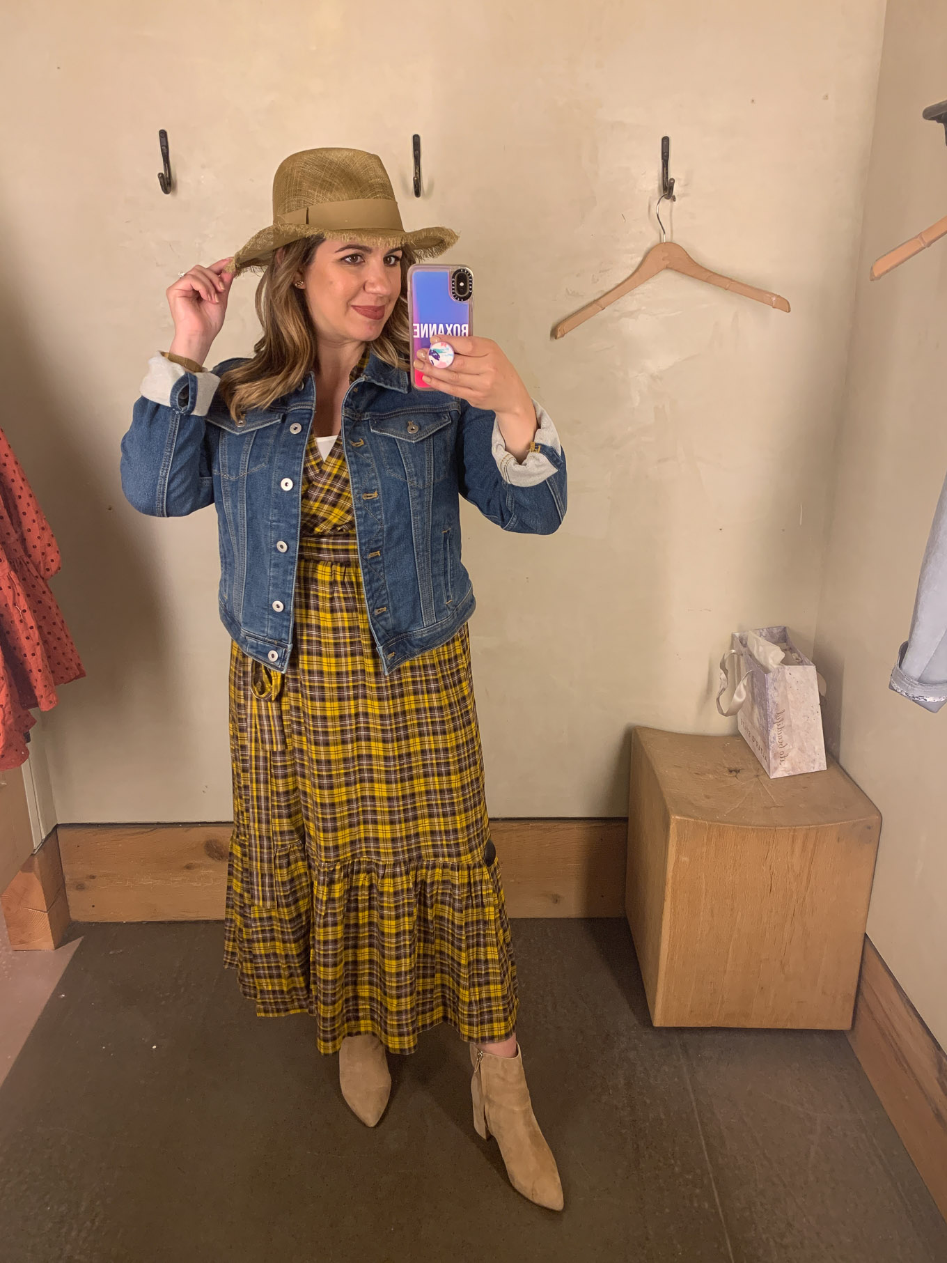 Fall Fashion at Woodfield Mall by popular Chicago fashion blog, Glass of Glam: image of a woman standing in a dressing room at Anthropologie and trying on a Dalton Wrap Maxi Dress.