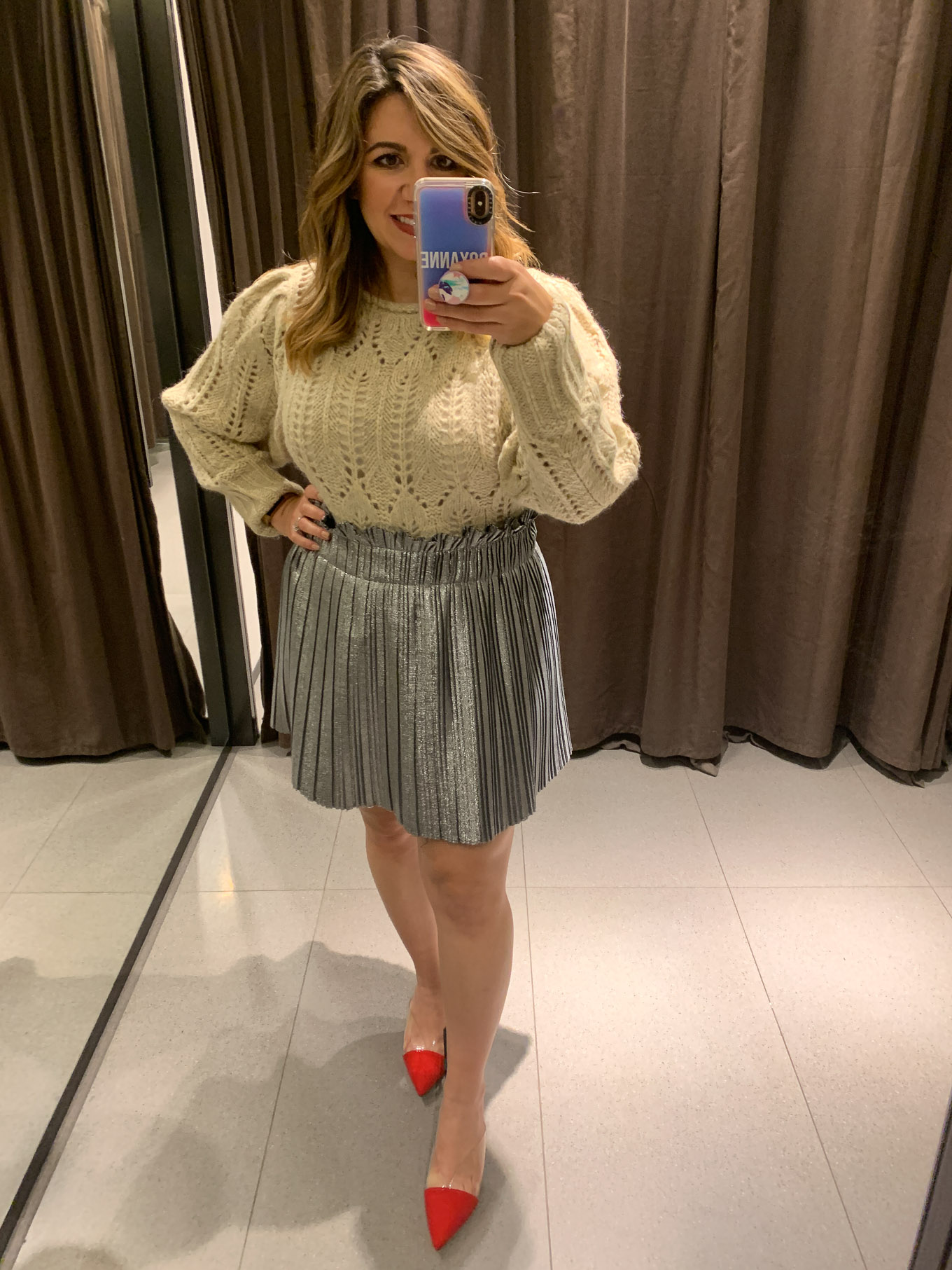 Fall Fashion at Woodfield Mall by popular Chicago fashion blog, Glass of Glam: image of a woman standing in a dressing room at Zara and trying on a cropped sweater.