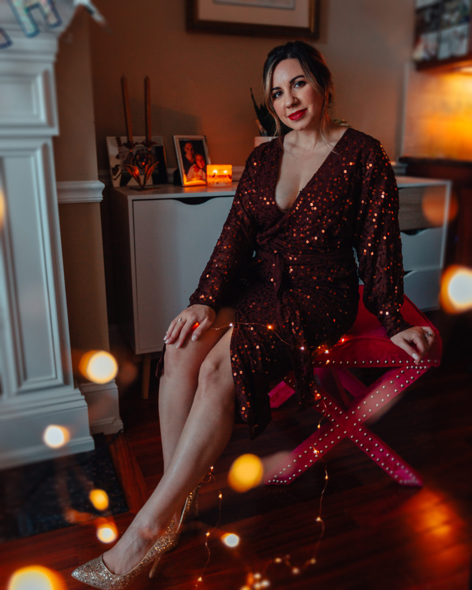 Things About Me by popular Chicago lifestyle blog, Glass of Glam: image of a woman wearing a Asos DESIGN midi dress with batwing sleeve and wrap waist in scatter sequin, Just Fab Karris Pump, and Ulta NYX Professional Makeup  Liquid Suede Cream Lipstick.