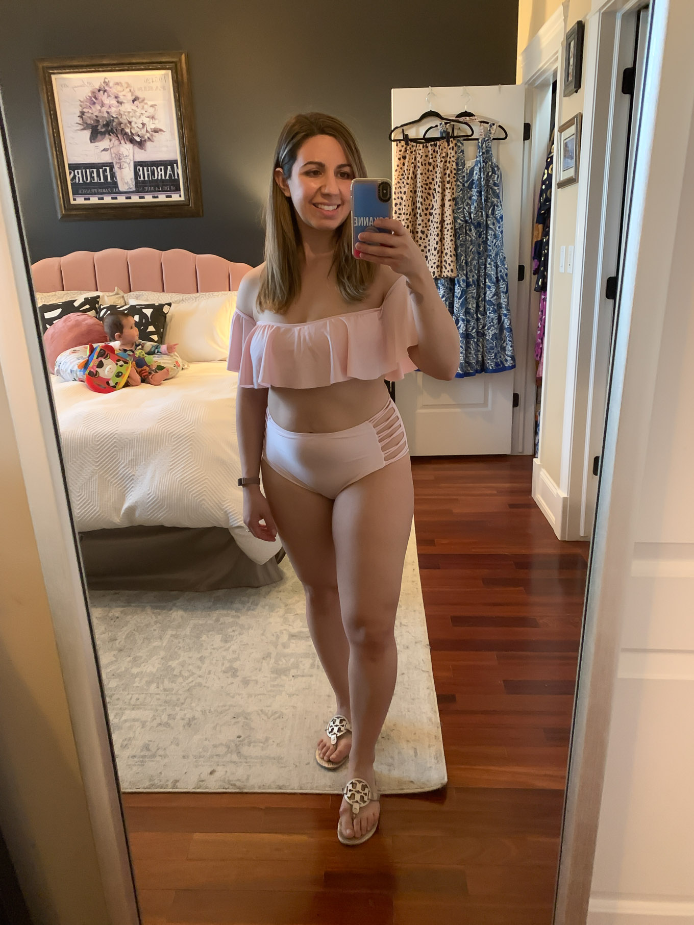 At Home Swimwear Try On by popular Chicago fashion blog, Glass of Glam: image of a woman standing in her master bedroom and wearing a Amazon Lukitty Women's Off Shoulder Ruffles Bikini Set.