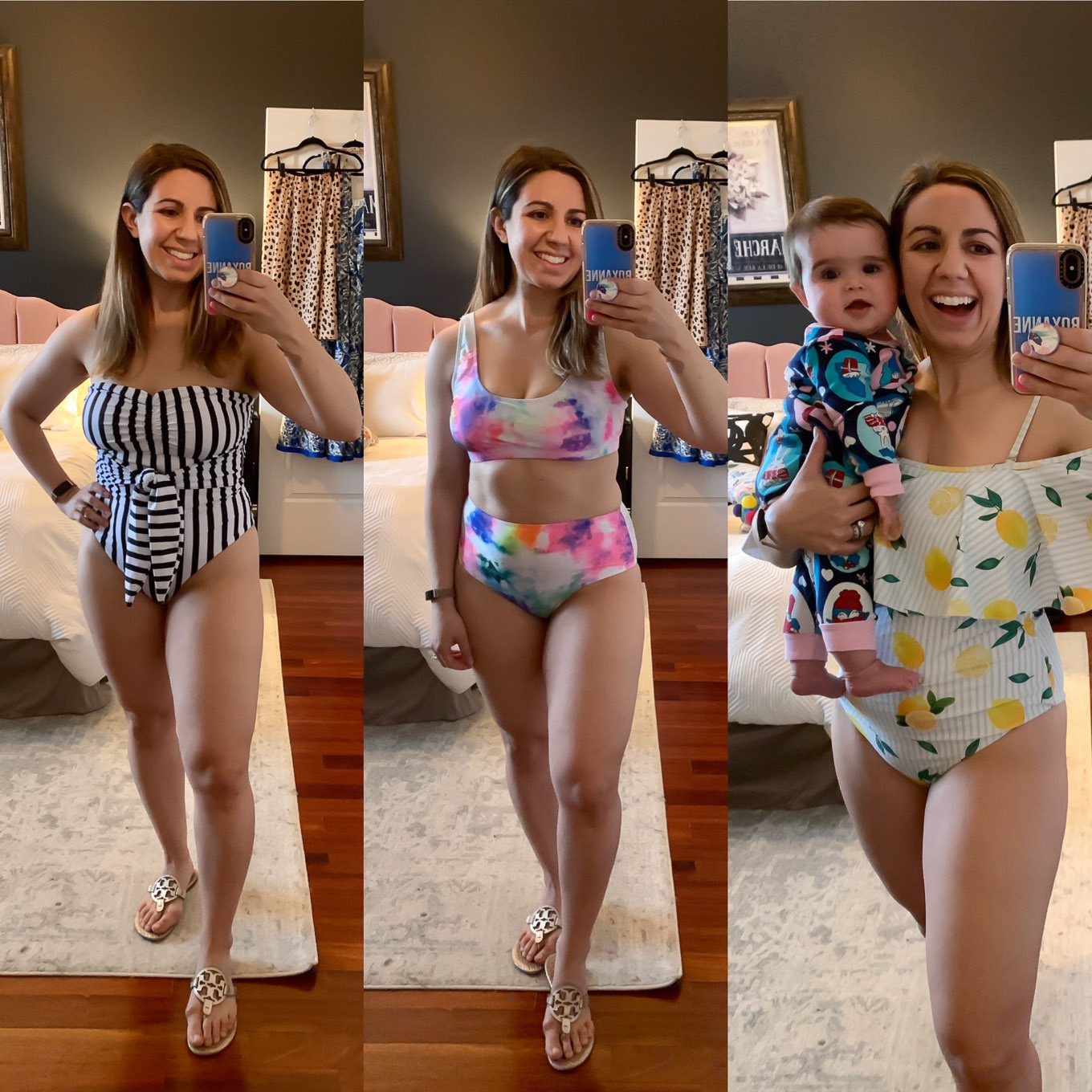 At Home Swimwear Try On by popular Chicago fashion blog, Glass of Glam: collage image of a woman wearing three different swimsuits.