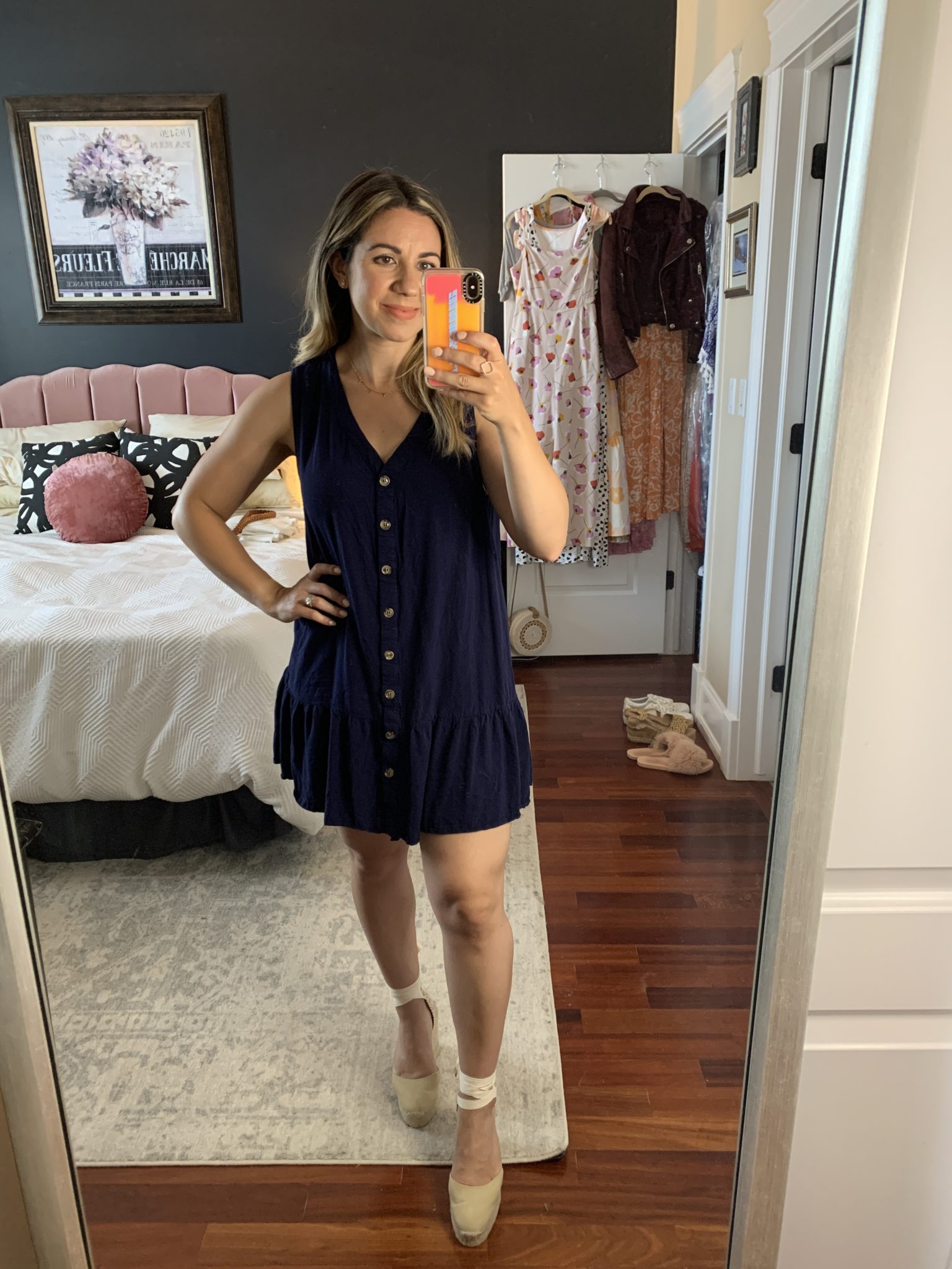 Sleeveless Dress by popular Chicago fashion blog, Glass of Glam: image of a woman standing in her bedroom and wearing a Amazon Imysty Womens Polka Dot V Neck Button Down Ruffles Loose Mini Short T-Shirt Dress and pair of ShopBop Castaner Carina Wedge Espadrilles.