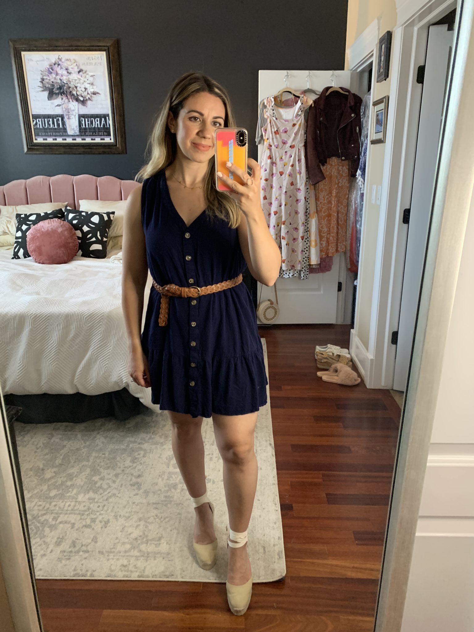 Sleeveless Dress by popular Chicago fashion blog, Glass of Glam: image of a woman standing in her bedroom and wearing a Amazon Imysty Womens Polka Dot V Neck Button Down Ruffles Loose Mini Short T-Shirt Dress, ShopBop Castaner Carina Wedge Espadrilles, and a Gap Braided Belt.