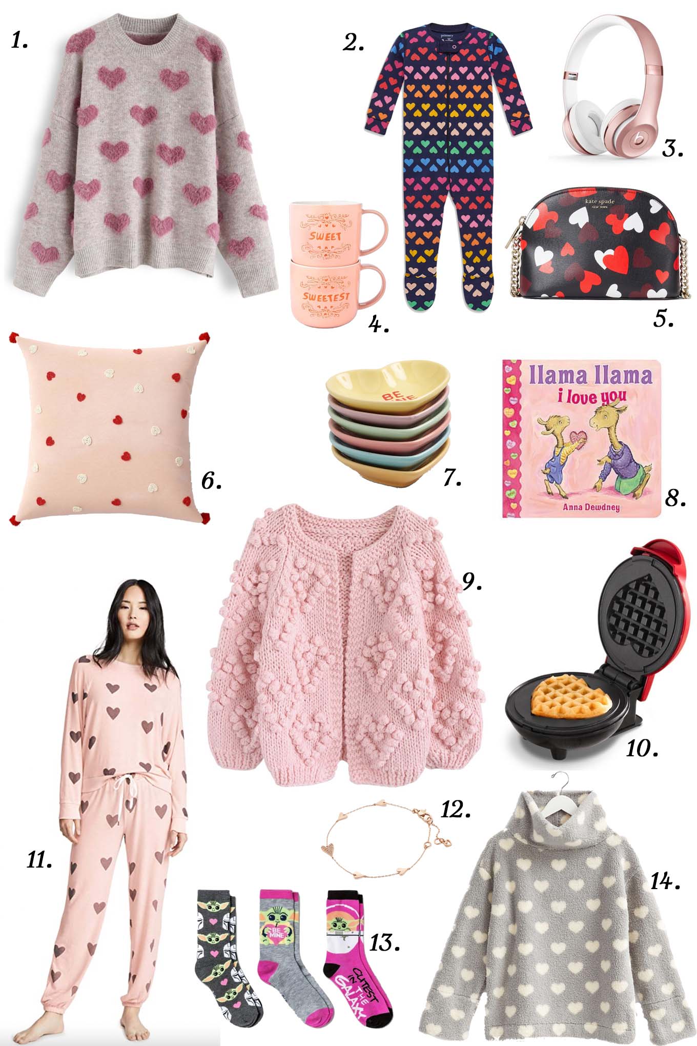 Valentine's Day Outfits by popular Chicago life and style blog, Glass of Glam: collage image of a fuzzy heart print sweater, pink heart mugs, rainbow heart print onesie, rose gold headphones, heart print pillow, heart shaped bowls, Llama Llama I Love You book, heart shaped waffle iron, heart print pajama set, Baby Yoda socks, pink heart pom sweater, heart print bag, and grey and white heart print hoodie. 