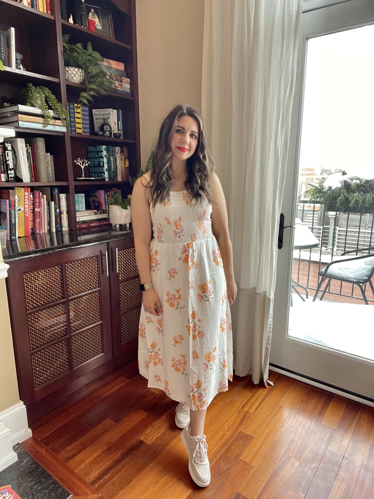 Spring Outfits from Old Navy by popular Chicago fashion blog, Glass of Glam: image of a woman wearing a orange and white floral dress from Old Navy. 