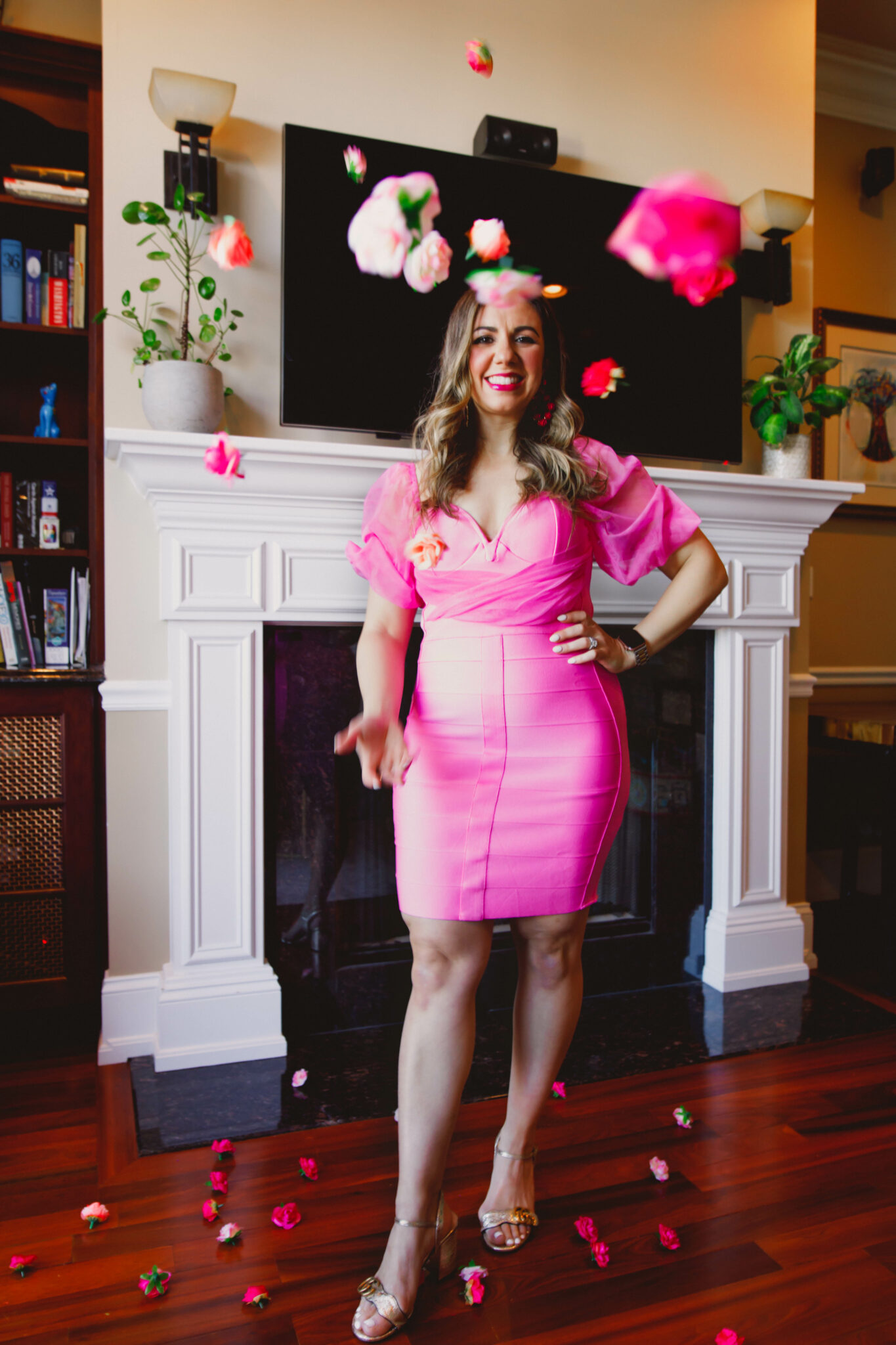 Little Pink Dress by popular Chicago fashion blog, Glass of Glam: image of a woman wearing a Missguided dress, Gucci heels, and pink statement earrings. 