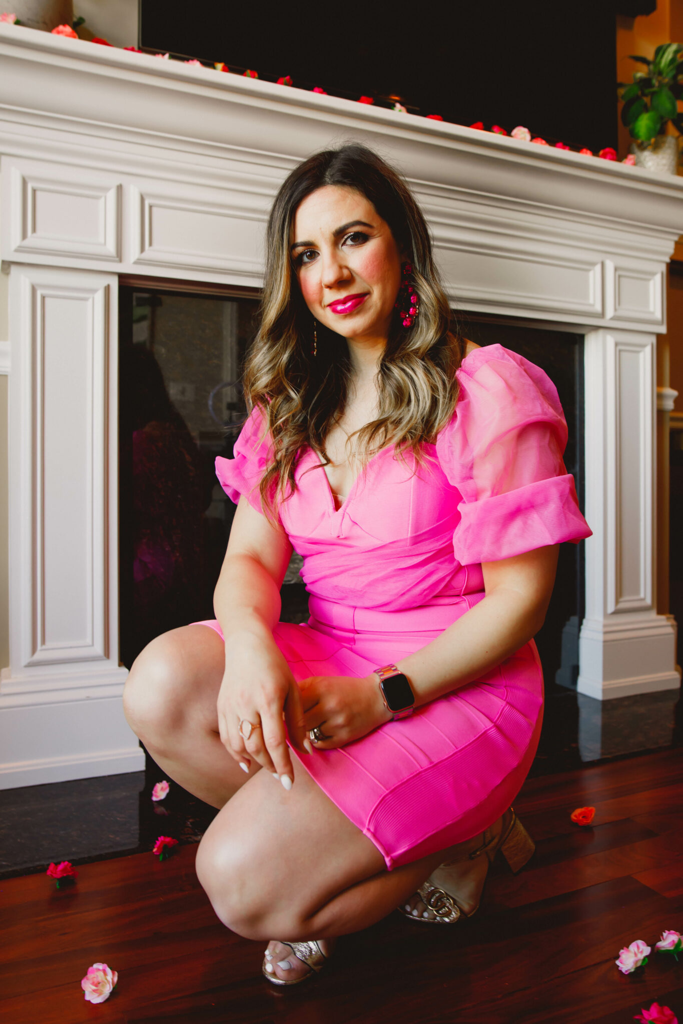Little Pink Dress by popular Chicago fashion blog, Glass of Glam: image of a woman wearing a Missguided dress, Gucci heels, and pink statement earrings. 