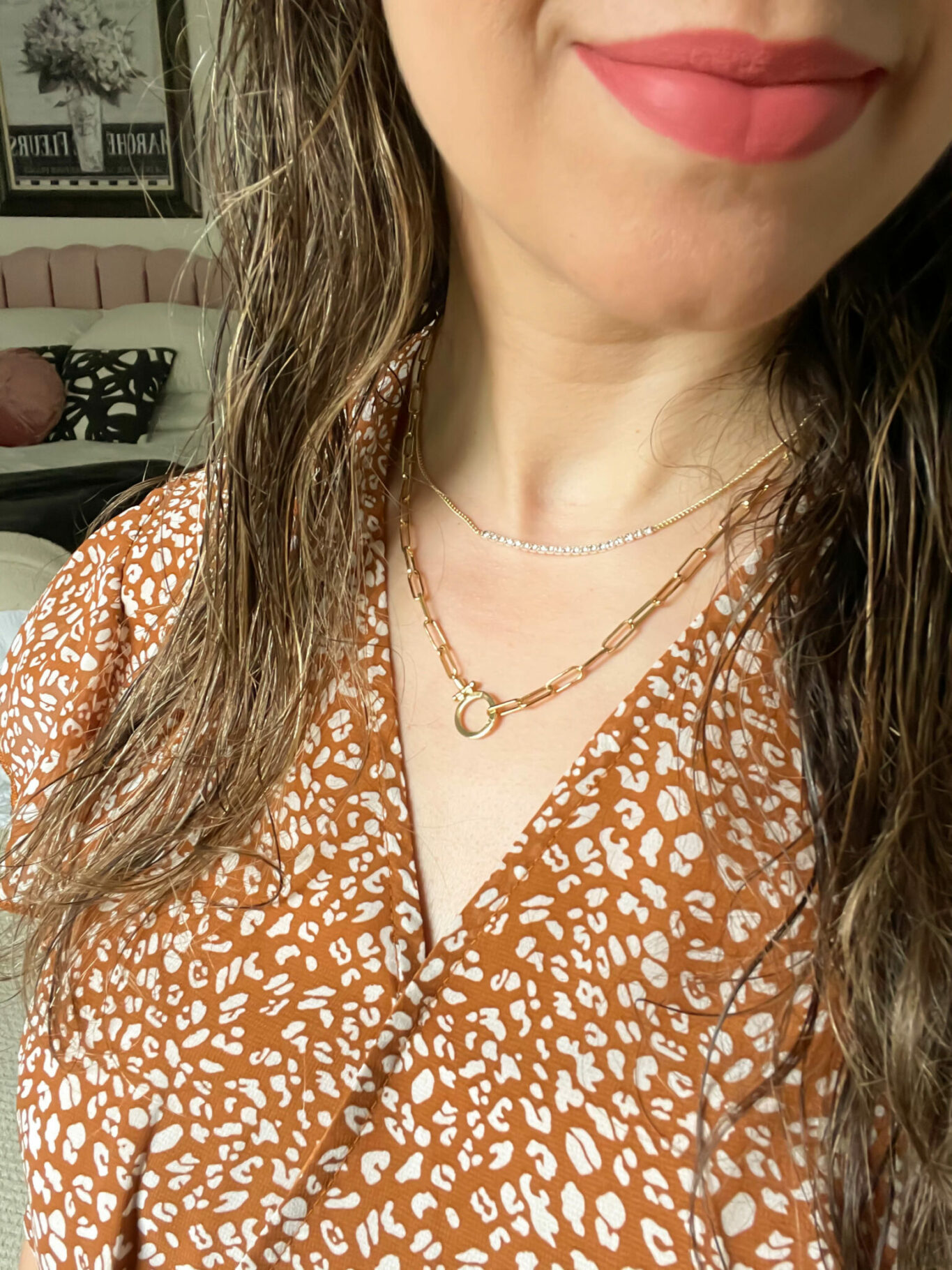Gorjana Stacking Necklaces by popular Chicago fashion blog, Glass of Glam: image of a woman wearing a leopard print top and Gorjana stacking necklaces. 